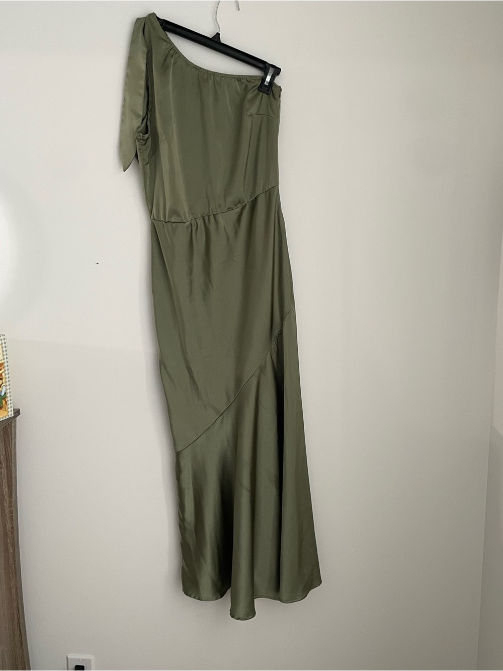 One-Shoulder Olive/Sage Green Satin Midi Dress with ruffle hem size M party